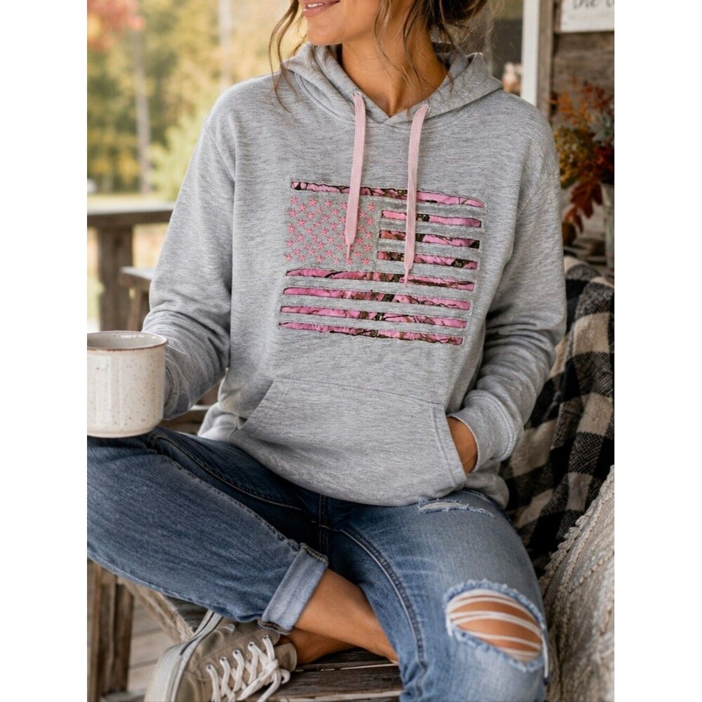 Mossy Oak Pink Camo Flag Hoodie Pullover Sweatshirt Gray Outdoor Casual L